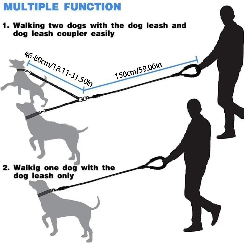 Flexiwalk™ Shock-Absorbing Double Dog Leash – Nylon, Stretchable, Anti-Winding for Comfortable Walks